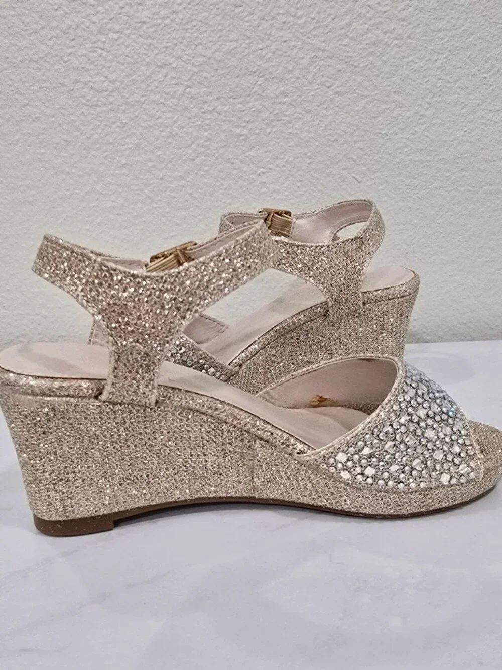 David’s Bridal ✦ Gold Glitter Wedge Sandal ✦ Rhinestones Adjustable Strap Heel 9